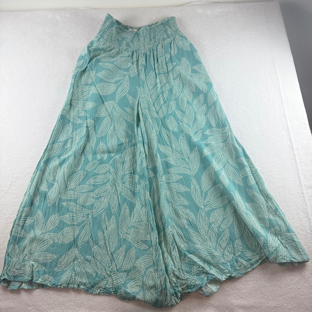 Elan Womens Teal White Leaf Print Smocked Wide Leg Palazzo Pants Size L Gauze